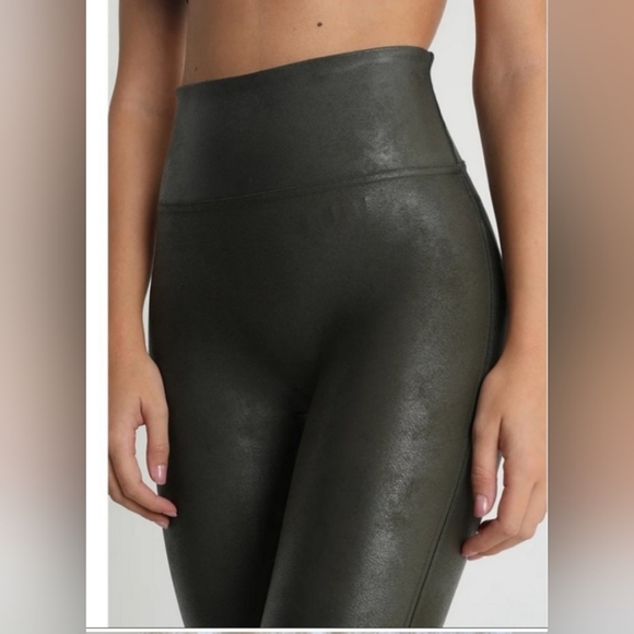 Spanx small olive green high waisted sculpting faux leather metallic leggings - Picture 2 of 11